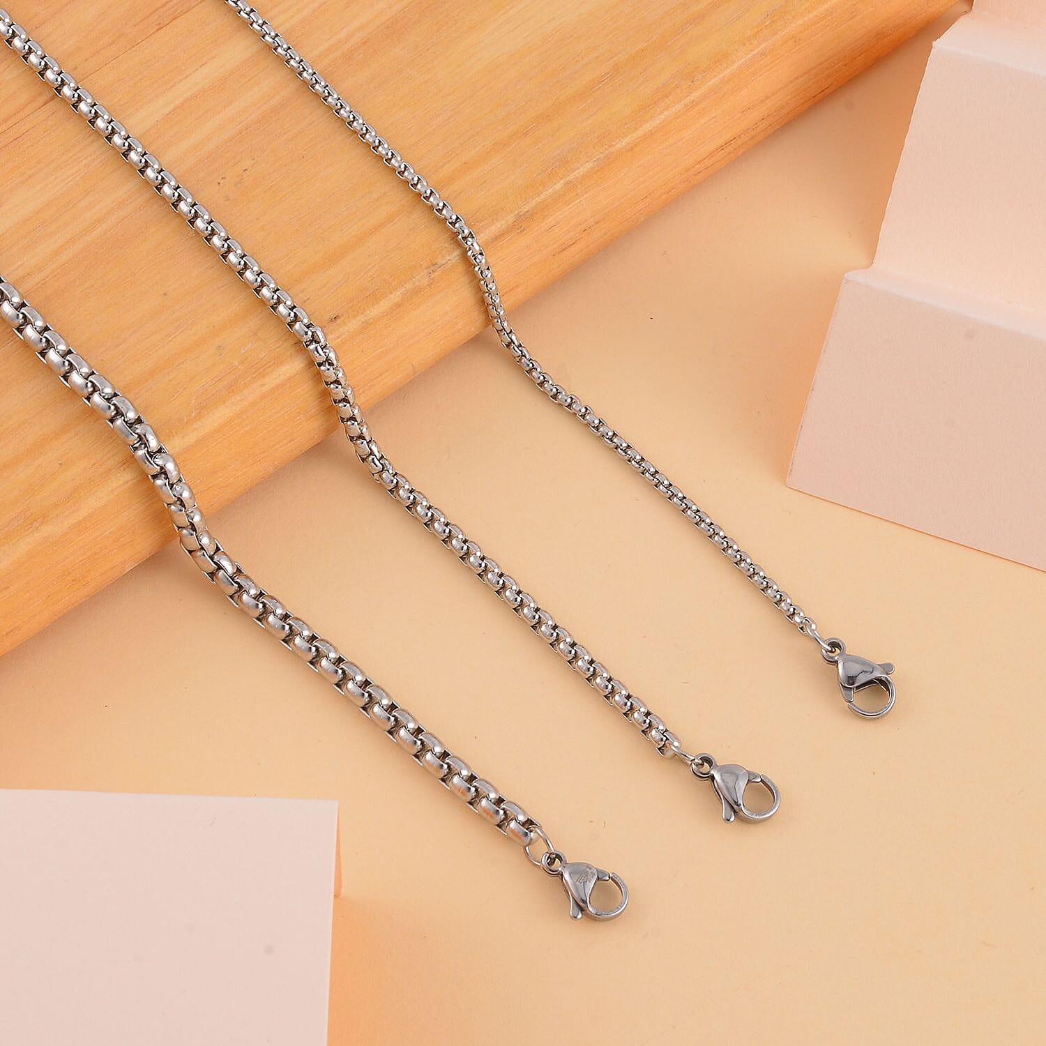 Set of 3 Round Box Chain Bracelet in Stainless Steel (7.50-9.50In)