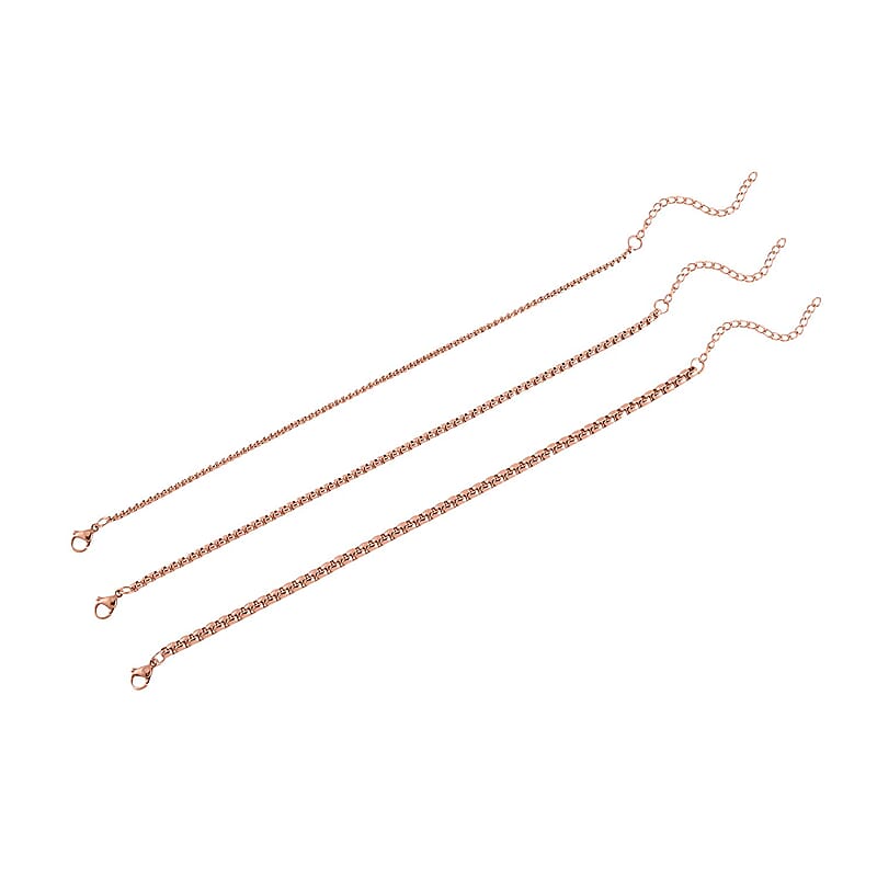 EverTrue Set of 3 Round Box Chain Bracelet in ION Plated RG Stainless Steel (7.50-9.50In)