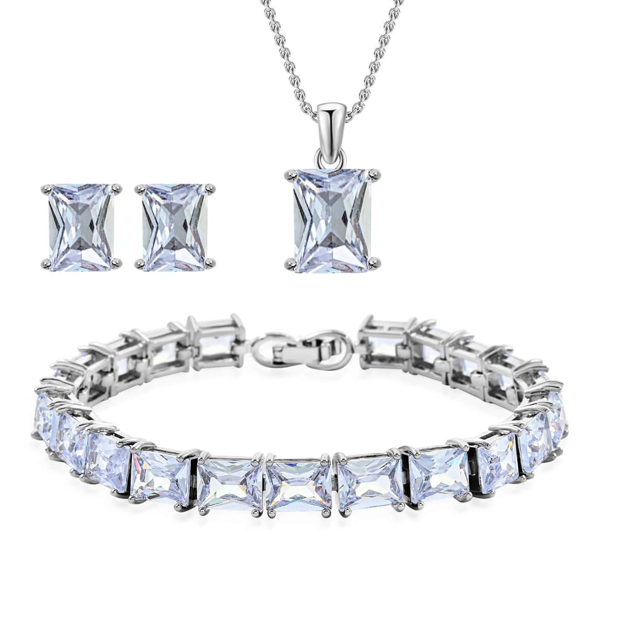 3 Piece Set - Light Blue Crystal Bracelet, Solitaire Stud Earrings and Pendant in Silvertone with Stainless Steel Necklace (20 Inches) image number 0