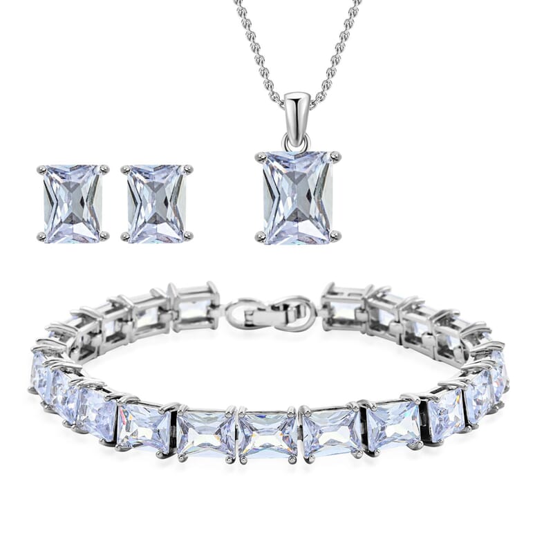 3 Piece Set - Light Blue Crystal Bracelet, Solitaire Stud Earrings and Pendant in Silvertone with Stainless Steel Necklace (20 Inches)