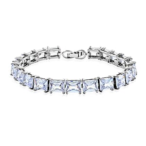 3 Piece Set - Light Blue Crystal Bracelet, Solitaire Stud Earrings and Pendant in Silvertone with Stainless Steel Necklace (20 Inches)