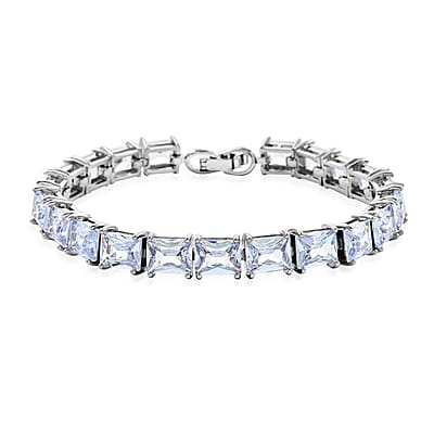 3 Piece Set - Light Blue Crystal Bracelet, Solitaire Stud Earrings and Pendant in Silvertone with Stainless Steel Necklace (20 Inches)