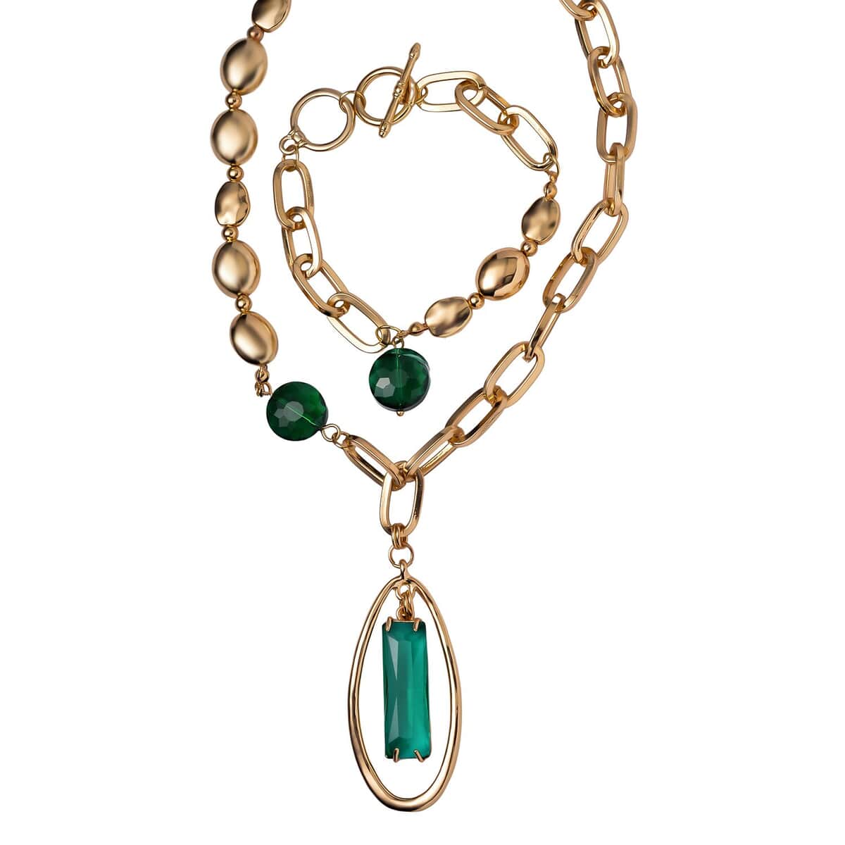 Simulated Emerald Necklace 20-22 Inches and Bracelet (7.00In) in Goldtone image number 0