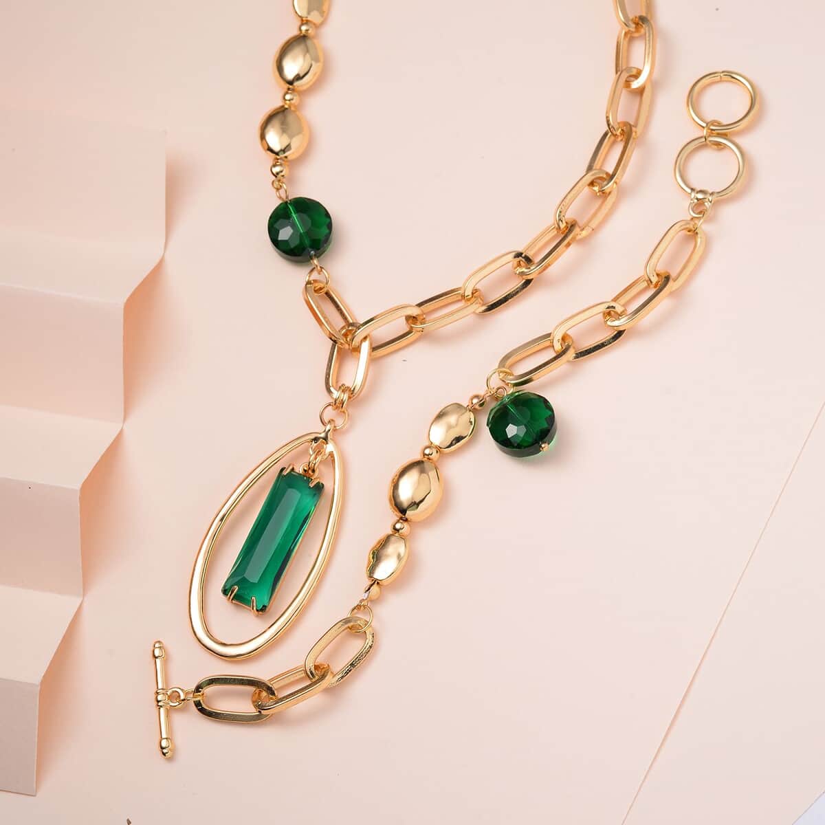 Simulated Emerald Necklace 20-22 Inches and Bracelet (7.00In) in Goldtone image number 1