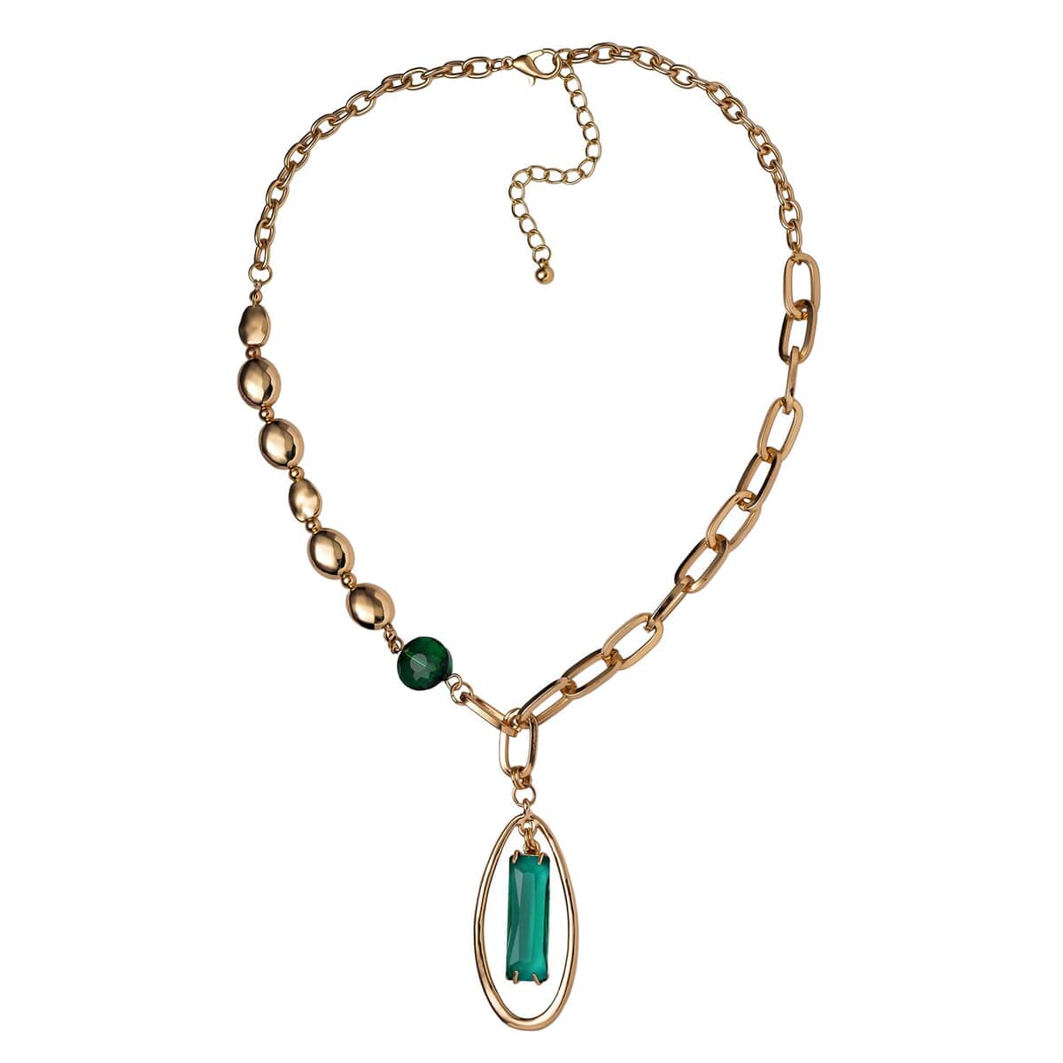 Simulated Emerald Necklace 20-22 Inches and Bracelet (7.00In) in Goldtone image number 2