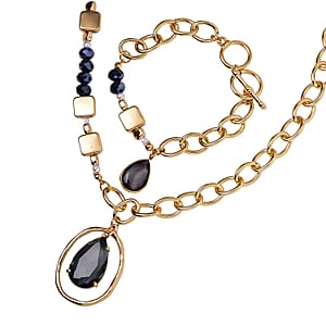 Silver Gray and Blue Color Glass, Simulated Resin Pearl Necklace 20-22 Inches and Bracelet (7.00In) in Goldtone