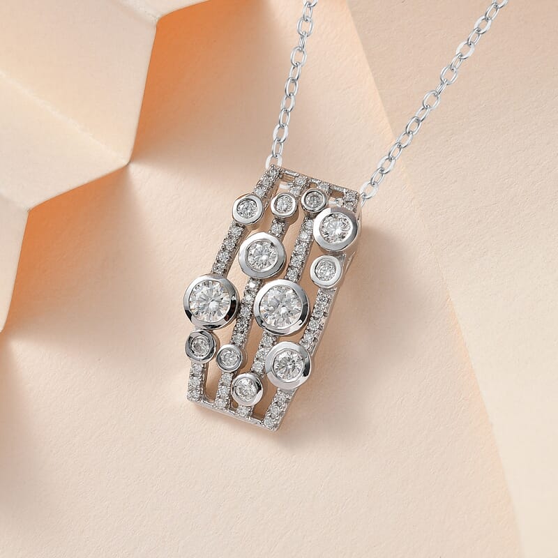 Moissanite Bubble Pendant Necklace 20 Inches in Platinum Over Sterling Silver 1.35 ctw