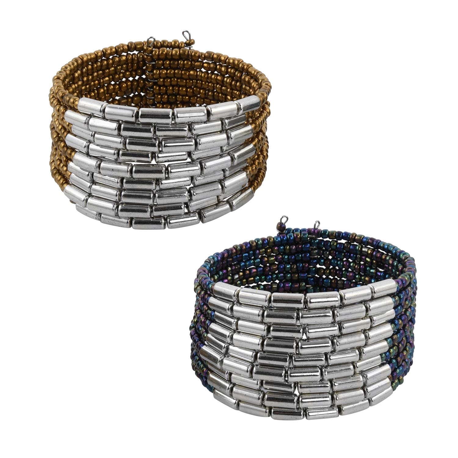 Set of 2 Blue Golden Seed Beaded Adjustable Cuff Bangle Bracelet Gift Jewelry