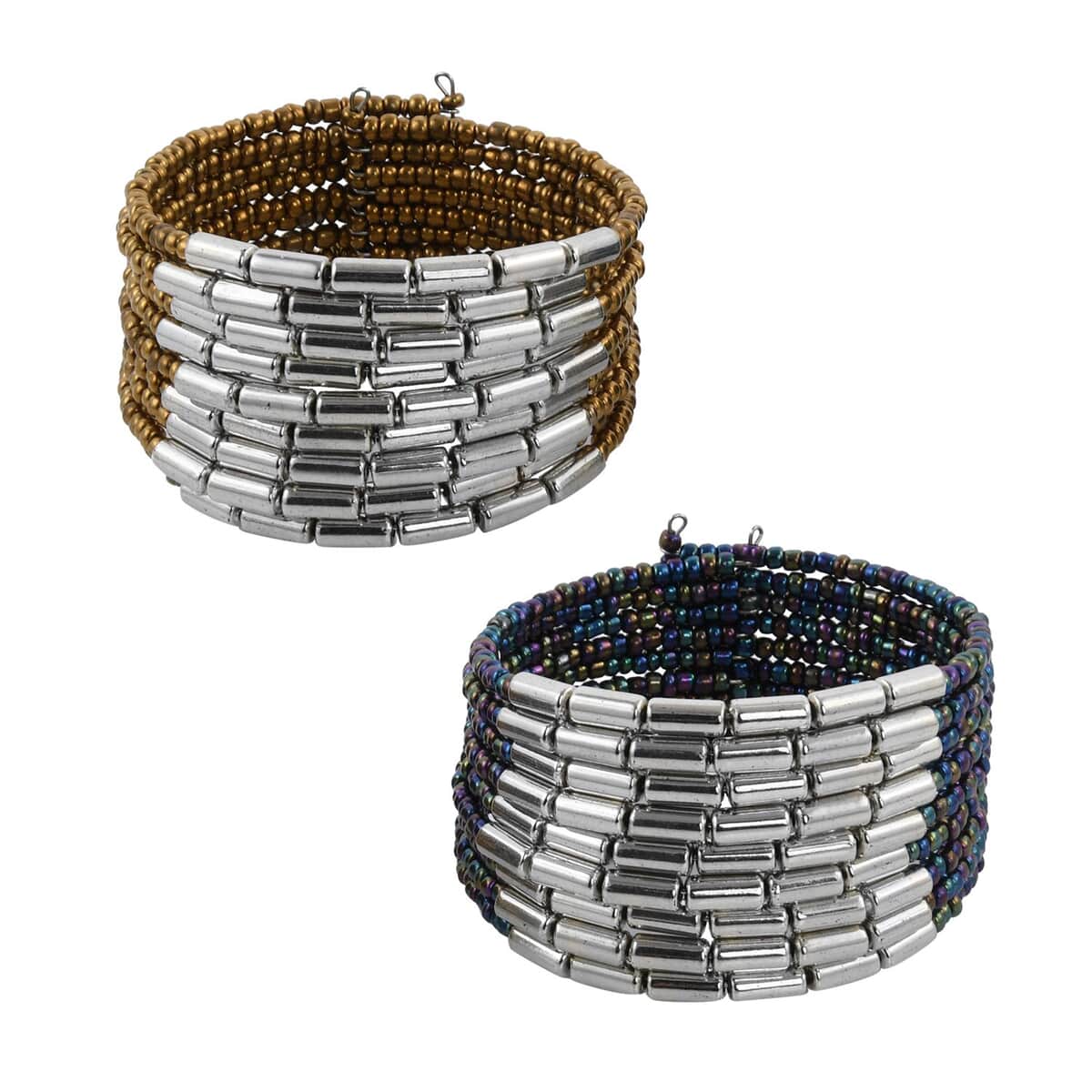 Set of 2 Blue and Golden Seed Beaded Cuff Bracelet (Adjustable) image number 0