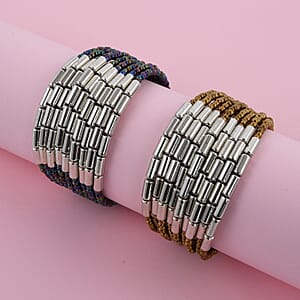 Set of 2 Blue and Golden Seed Beaded Cuff Bracelet (Adjustable)