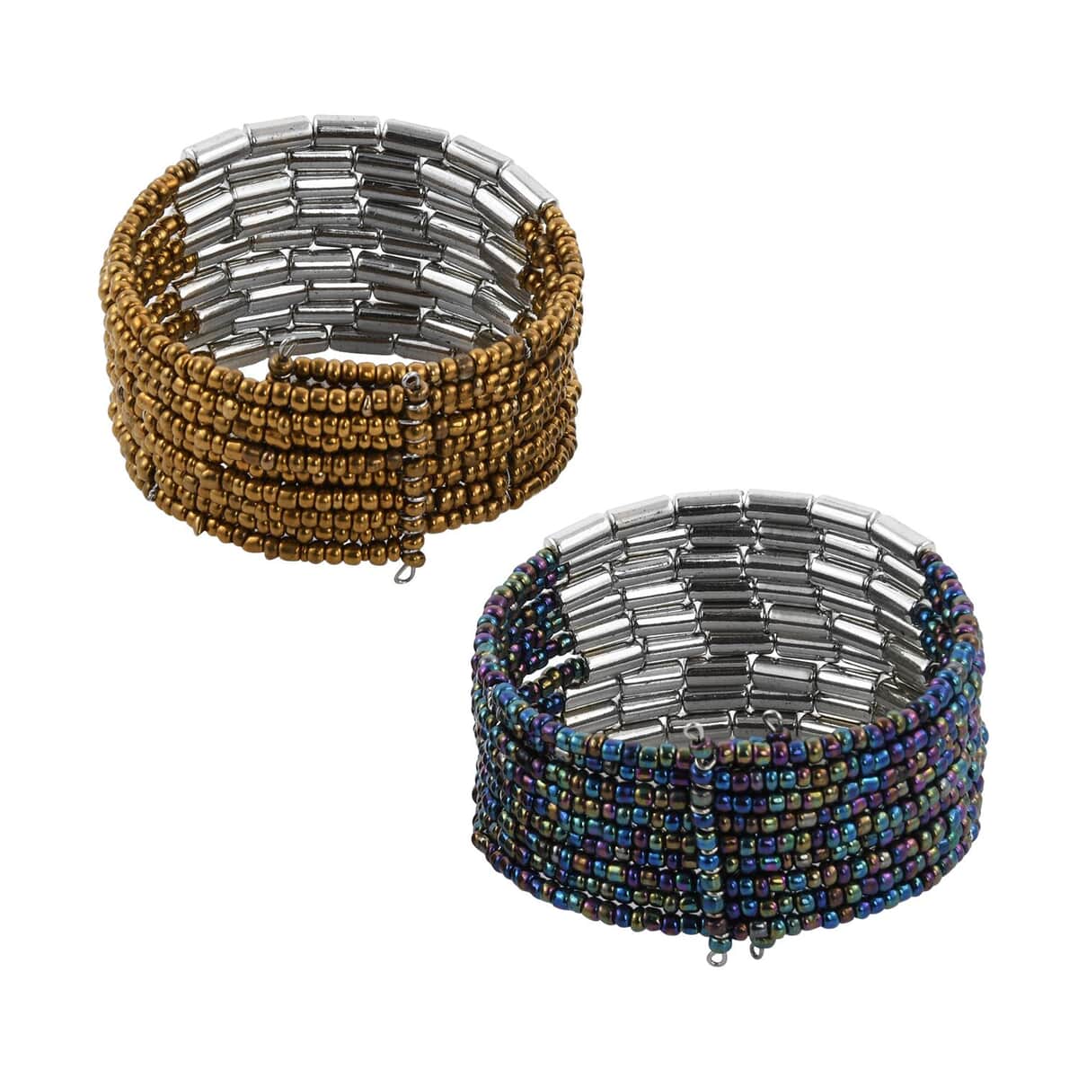 Set of 2 Blue and Golden Seed Beaded Cuff Bracelet (Adjustable) image number 4