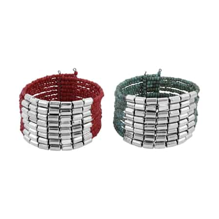 Set of 2 Red and Turquoise Seed Beaded Cuff Bracelet (Adjustable) image number 0