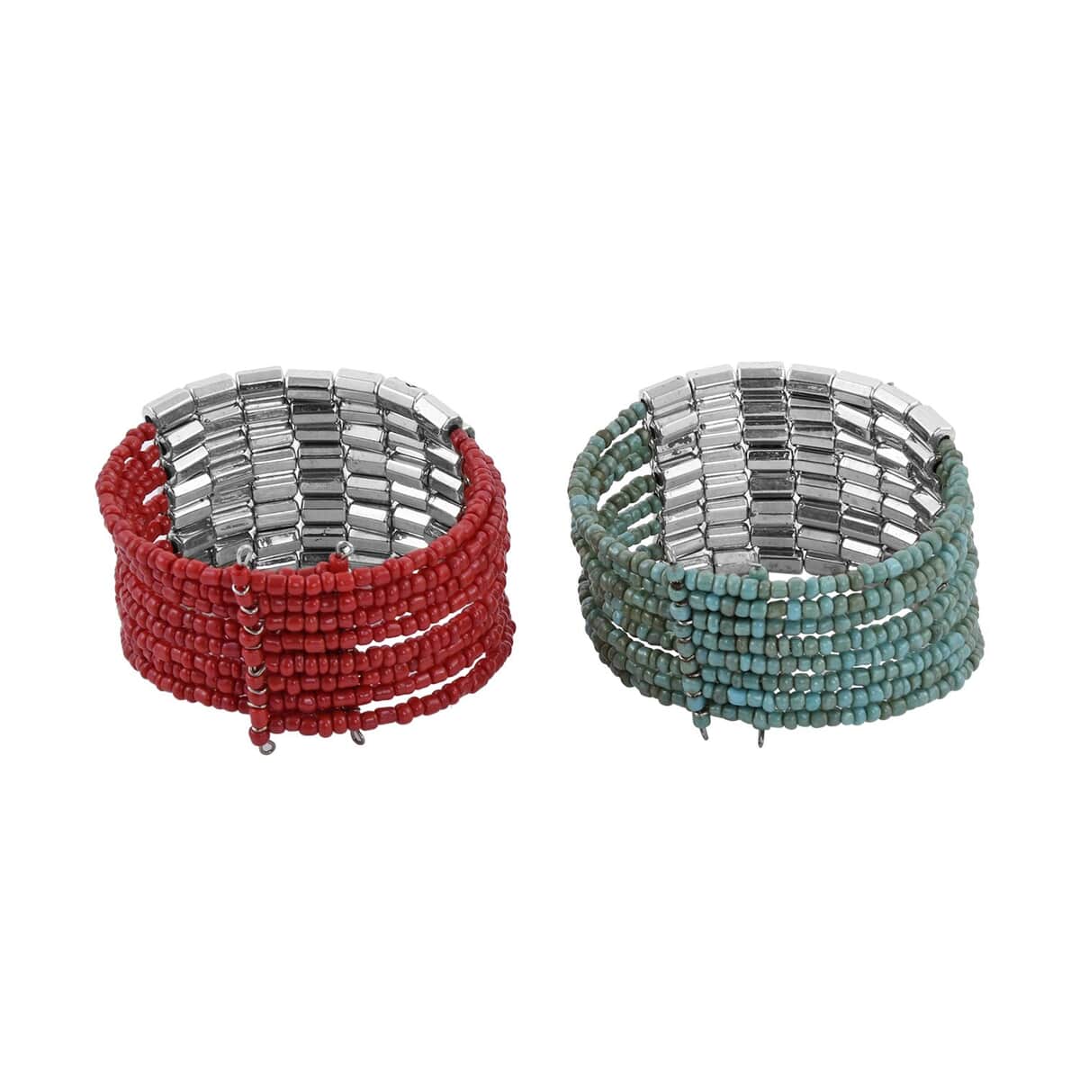 Set of 2 Red and Turquoise Seed Beaded Cuff Bracelet (Adjustable) image number 3