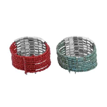 Set of 2 Red and Turquoise Seed Beaded Cuff Bracelet (Adjustable) image number 3