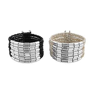 Set of 2 Black and White Seed Beaded Cuff Bracelet (Adjustable)