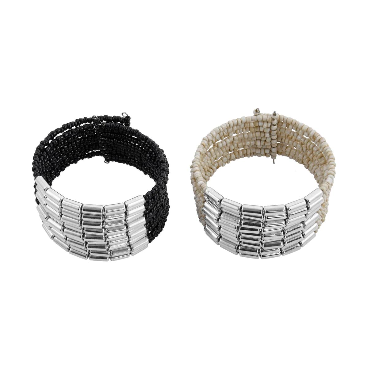 Set of 2 Black and White Seed Beaded Cuff Bracelet (Adjustable) image number 4