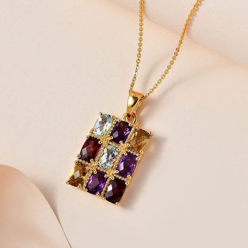 GP Royal Art Deco Collection Multi Gemstone 5.00 ctw Pendant Necklace in Vermeil Yellow Gold Over Sterling Silver 20 Inches