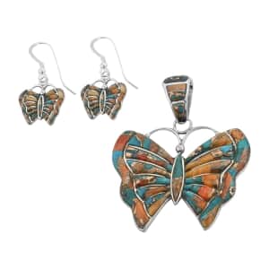 Santa Fe Style Spiny Turquoise Butterfly Earrings and Pendant in Sterling Silver 14.40 ctw