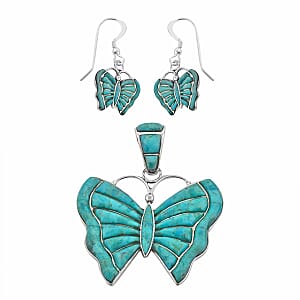 Santa Fe Style Kingman Turquoise Butterfly Earrings and Pendant in Sterling Silver 14.40 ctw