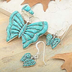 Santa Fe Style Kingman Turquoise Butterfly Earrings and Pendant in Sterling Silver 14.40 ctw