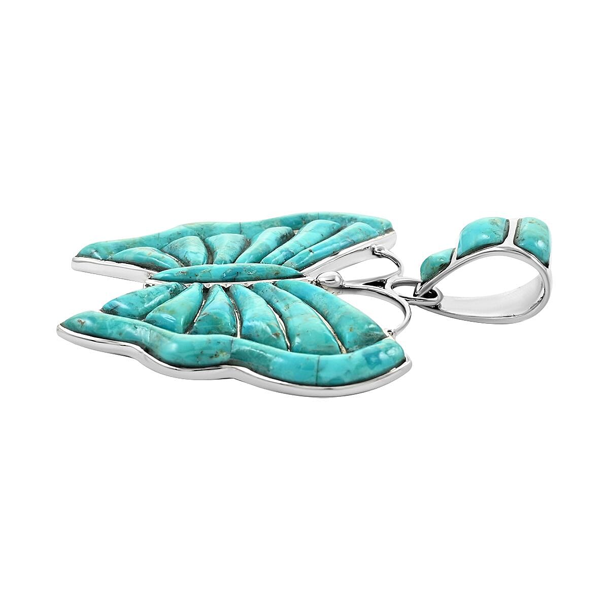 Santa Fe Style Kingman Turquoise Butterfly Earrings and Pendant in Sterling Silver 14.40 ctw image number 3