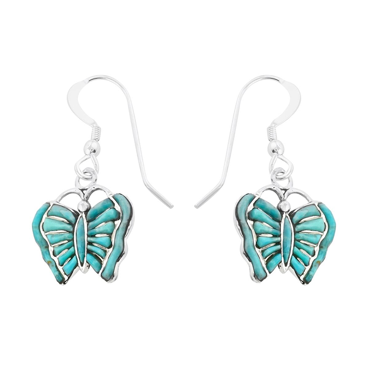 Santa Fe Style Kingman Turquoise Butterfly Earrings and Pendant in Sterling Silver 14.40 ctw image number 5