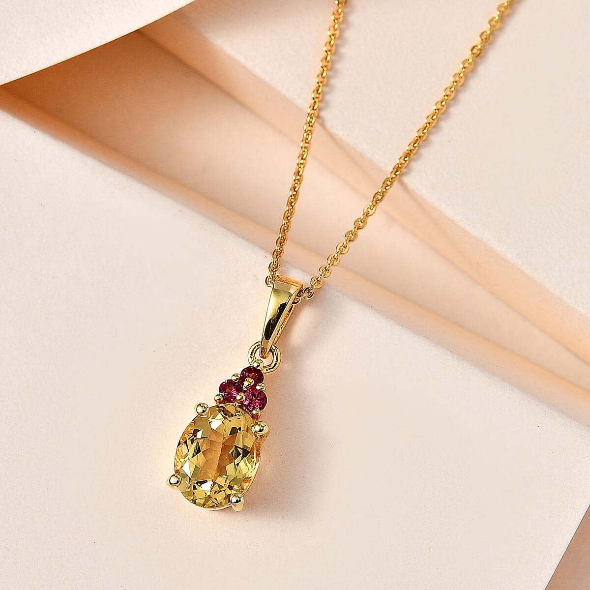 Premium Brazilian Heliodor and Premium Ouro Fino Rubellite Pendant Necklace 20 Inches in Vermeil Yellow Gold Over Sterling Silver 1.65 ctw image number 1