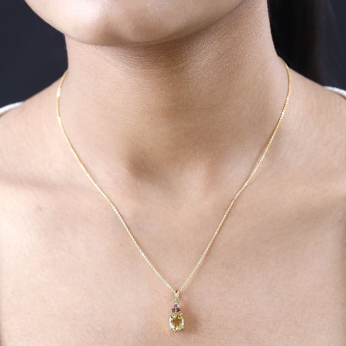 Premium Brazilian Heliodor and Premium Ouro Fino Rubellite Pendant Necklace 20 Inches in Vermeil Yellow Gold Over Sterling Silver 1.65 ctw image number 2