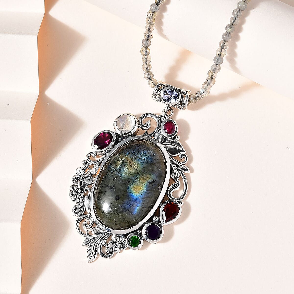 Malagasy Labradorite and Multi Gemstone Pendant with Beaded Necklace 20 Inches in Platinum Over Sterling Silver 93.85 ctw image number 1