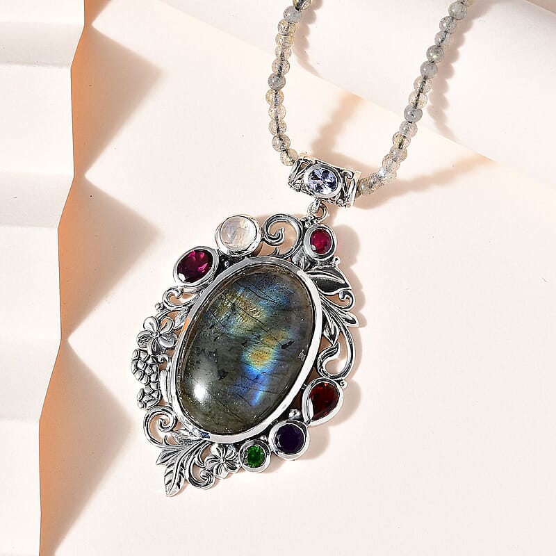 Malagasy Labradorite and Multi Gemstone Pendant with Beaded Necklace 20 Inches in Platinum Over Sterling Silver 93.85 ctw