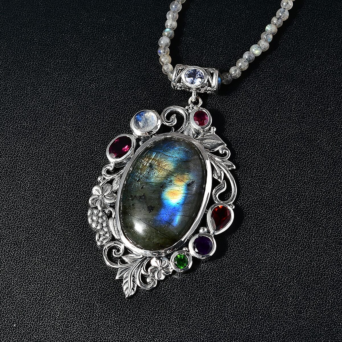 Malagasy Labradorite and Multi Gemstone Pendant with Beaded Necklace 20 Inches in Platinum Over Sterling Silver 93.85 ctw image number 2