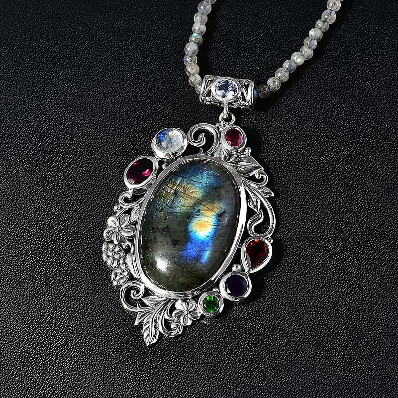 Malagasy Labradorite and Multi Gemstone Pendant with Beaded Necklace 20 Inches in Platinum Over Sterling Silver 93.85 ctw