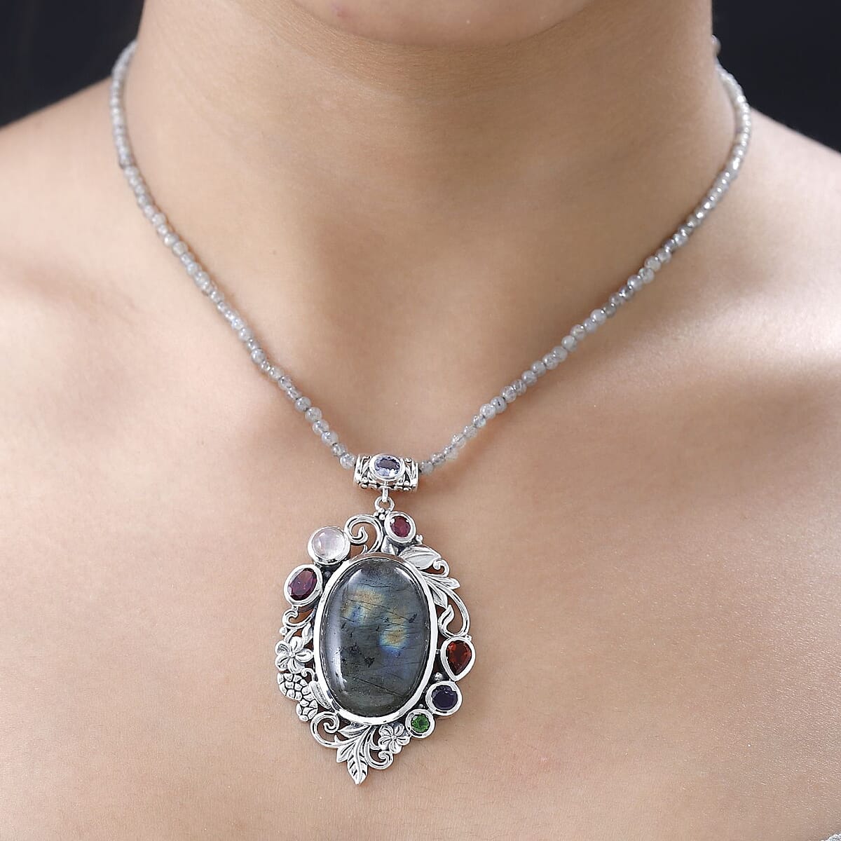 Malagasy Labradorite and Multi Gemstone Pendant with Beaded Necklace 20 Inches in Platinum Over Sterling Silver 93.85 ctw image number 3