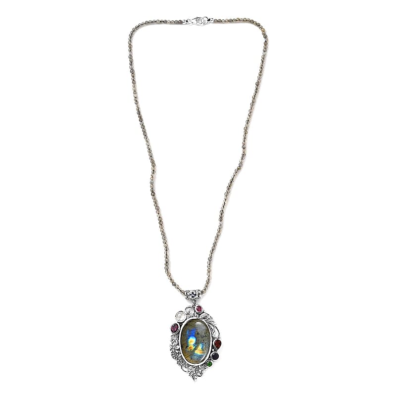 Malagasy Labradorite and Multi Gemstone Pendant with Beaded Necklace 20 Inches in Platinum Over Sterling Silver 93.85 ctw