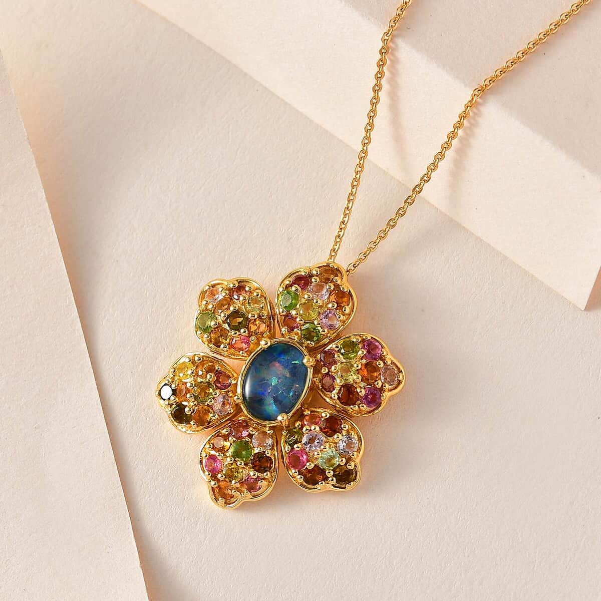 GP Italian Garden Collection Premium Boulder Opal Triplet and Multi-Tourmaline Floral Pendant Necklace 20 Inches in Vermeil Yellow Gold Over Sterling Silver 3.00 ctw image number 1