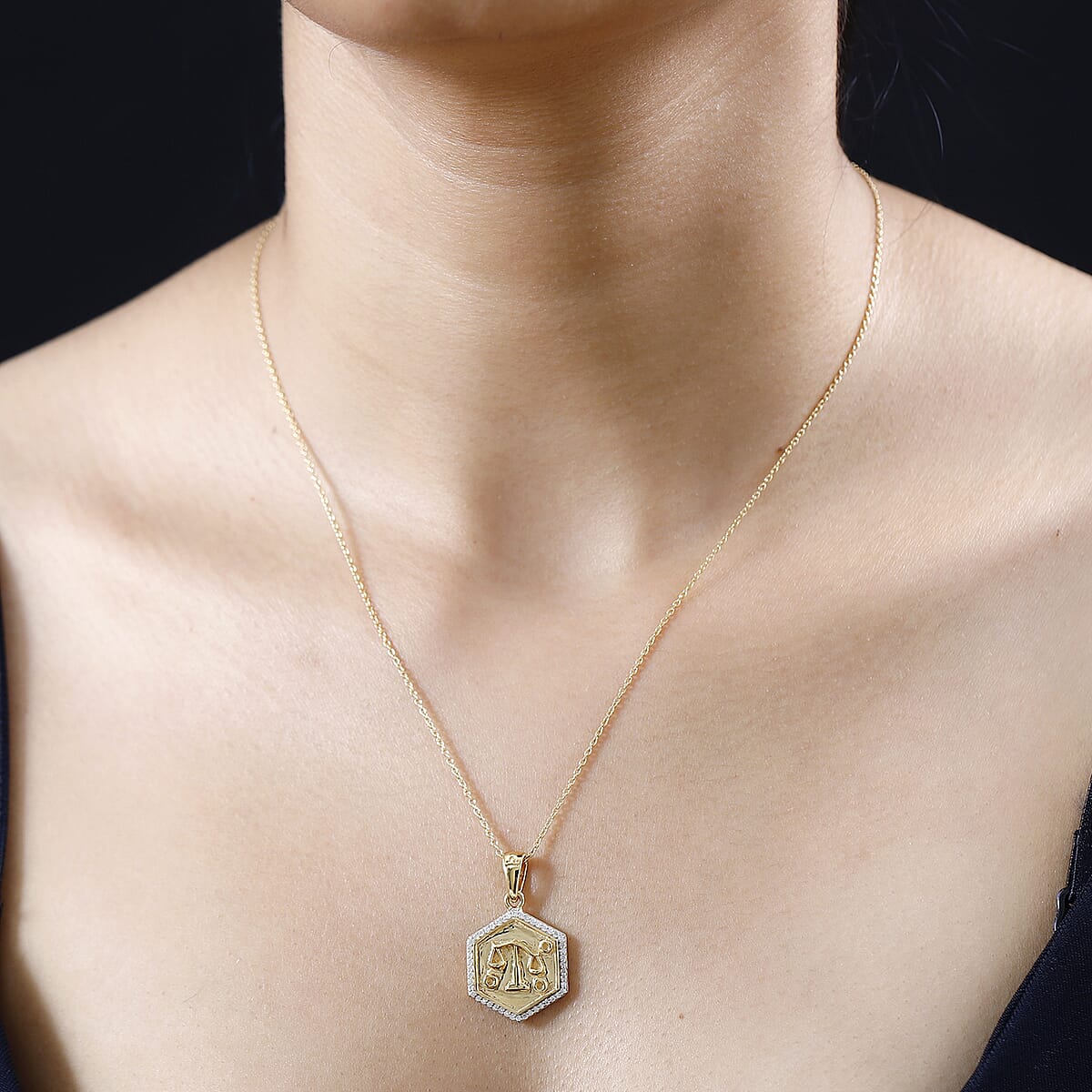 Sri Lankan Silver Moonstone and Moissanite Libra Zodiac Sign Pendant Necklace 20 Inches in Vermeil Yellow Gold Over Sterling Silver 0.50 ctw image number 2