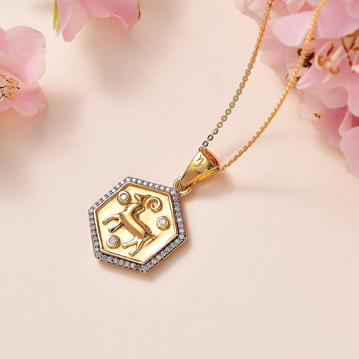 Moissanite Aries Zodiac Medallion Pendant Necklace 20 Inches in Vermeil Yellow Gold Over Sterling Silver 0.50 ctw image number 1