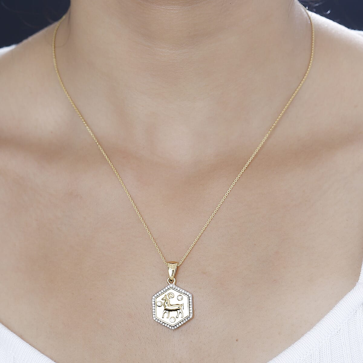 Moissanite Aries Zodiac Medallion Pendant Necklace 20 Inches in Vermeil Yellow Gold Over Sterling Silver 0.50 ctw image number 2