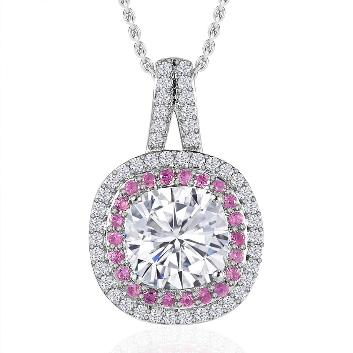 Moissanite and Madagascar Pink Sapphire Double Halo Pendant Necklace 20 Inches in Platinum Over Sterling Silver 3.50 ctw image number 0