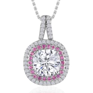 Moissanite and Madagascar Pink Sapphire Double Halo Pendant Necklace 20 Inches in Platinum Over Sterling Silver 3.50 ctw