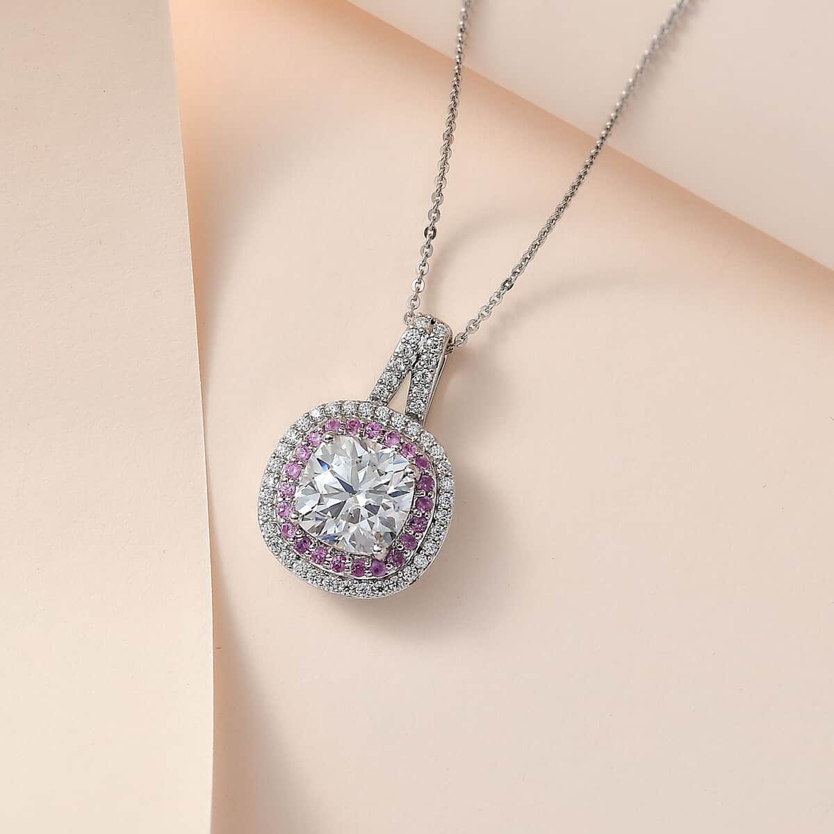 Moissanite and Madagascar Pink Sapphire Double Halo Pendant Necklace 20 Inches in Platinum Over Sterling Silver 3.50 ctw image number 1