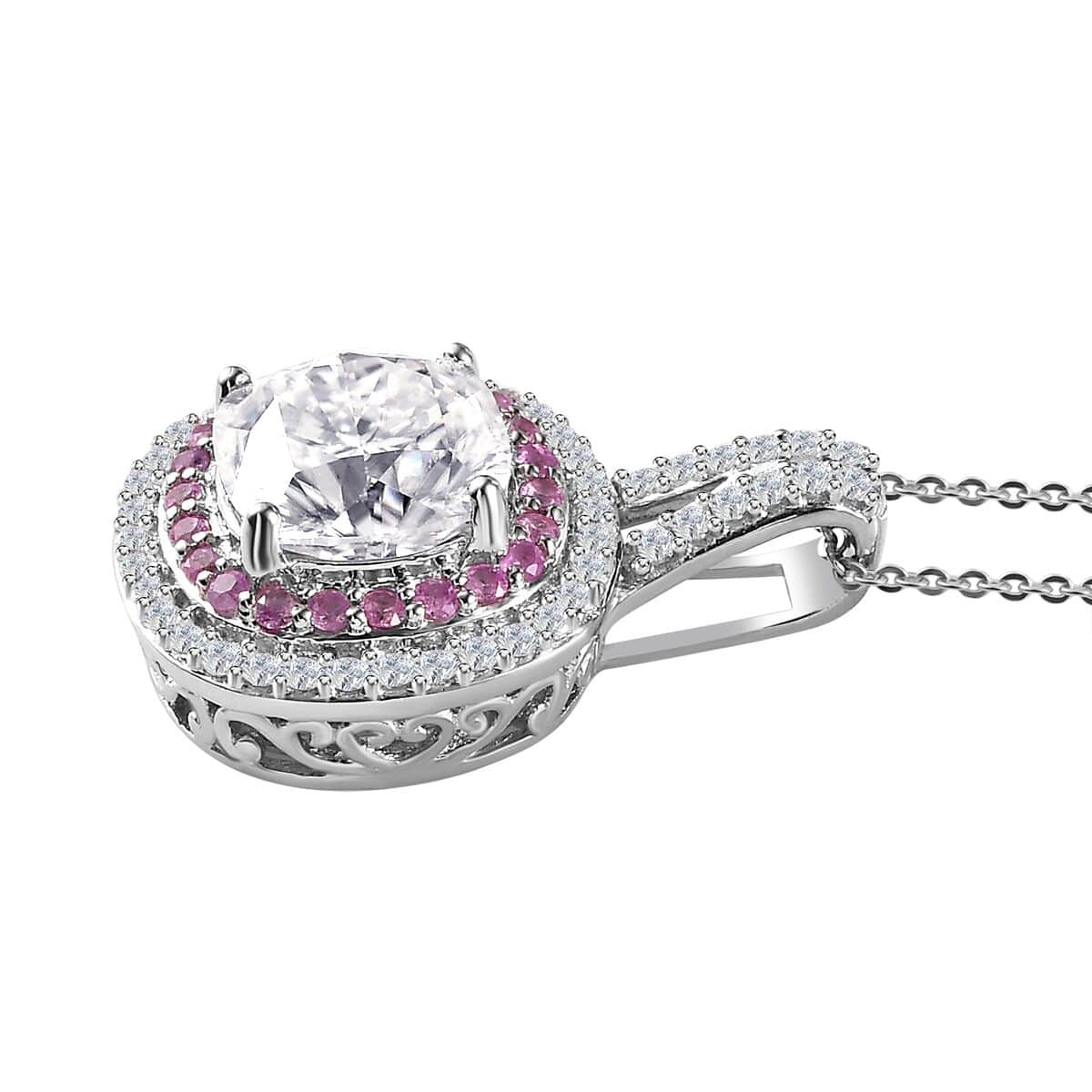 Moissanite and Madagascar Pink Sapphire Double Halo Pendant Necklace 20 Inches in Platinum Over Sterling Silver 3.50 ctw image number 3