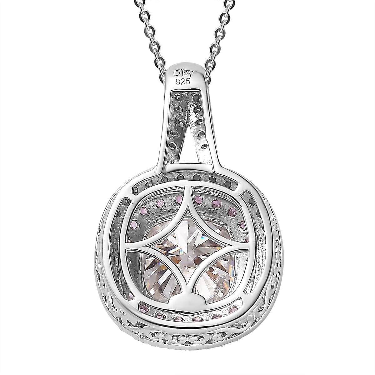 Moissanite and Madagascar Pink Sapphire 3.50 ctw Double Halo Pendant Necklace in Platinum Over Sterling Silver 20 Inches