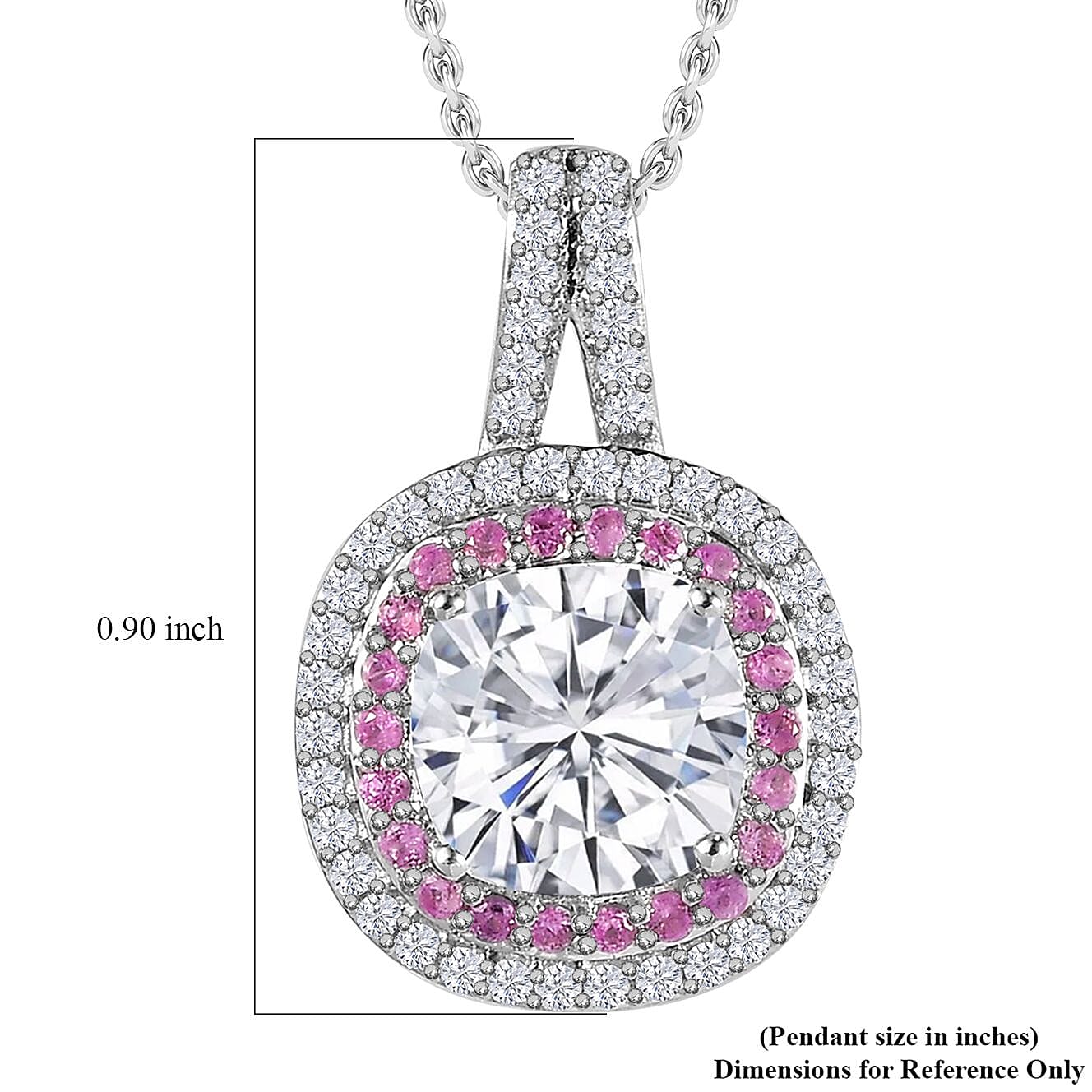 Moissanite and Madagascar Pink Sapphire 3.50 ctw Double Halo Pendant Necklace in Platinum Over Sterling Silver 20 Inches