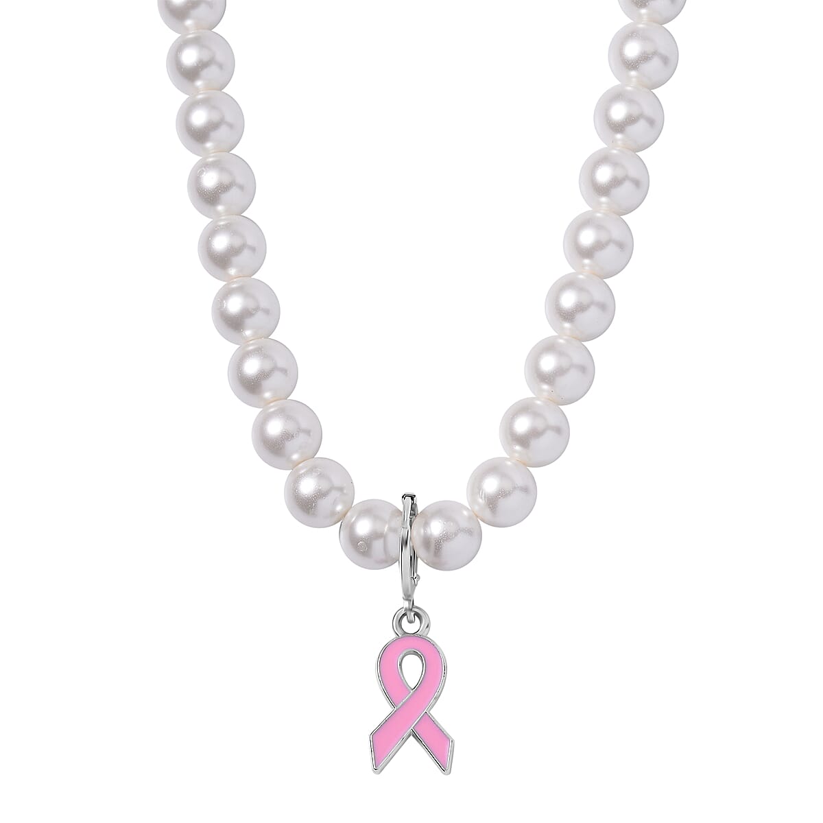 Pink Enameled Pendant with White Shell Pearl Necklace 20 Inches in Silvertone 210.00 ctw image number 0
