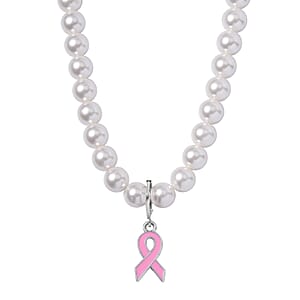 Pink Enameled Pendant with White Shell Pearl Necklace 20 Inches in Silvertone 210.00 ctw