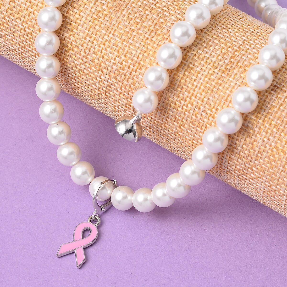 Pink Enameled Pendant with White Shell Pearl Necklace 20 Inches in Silvertone 210.00 ctw image number 1