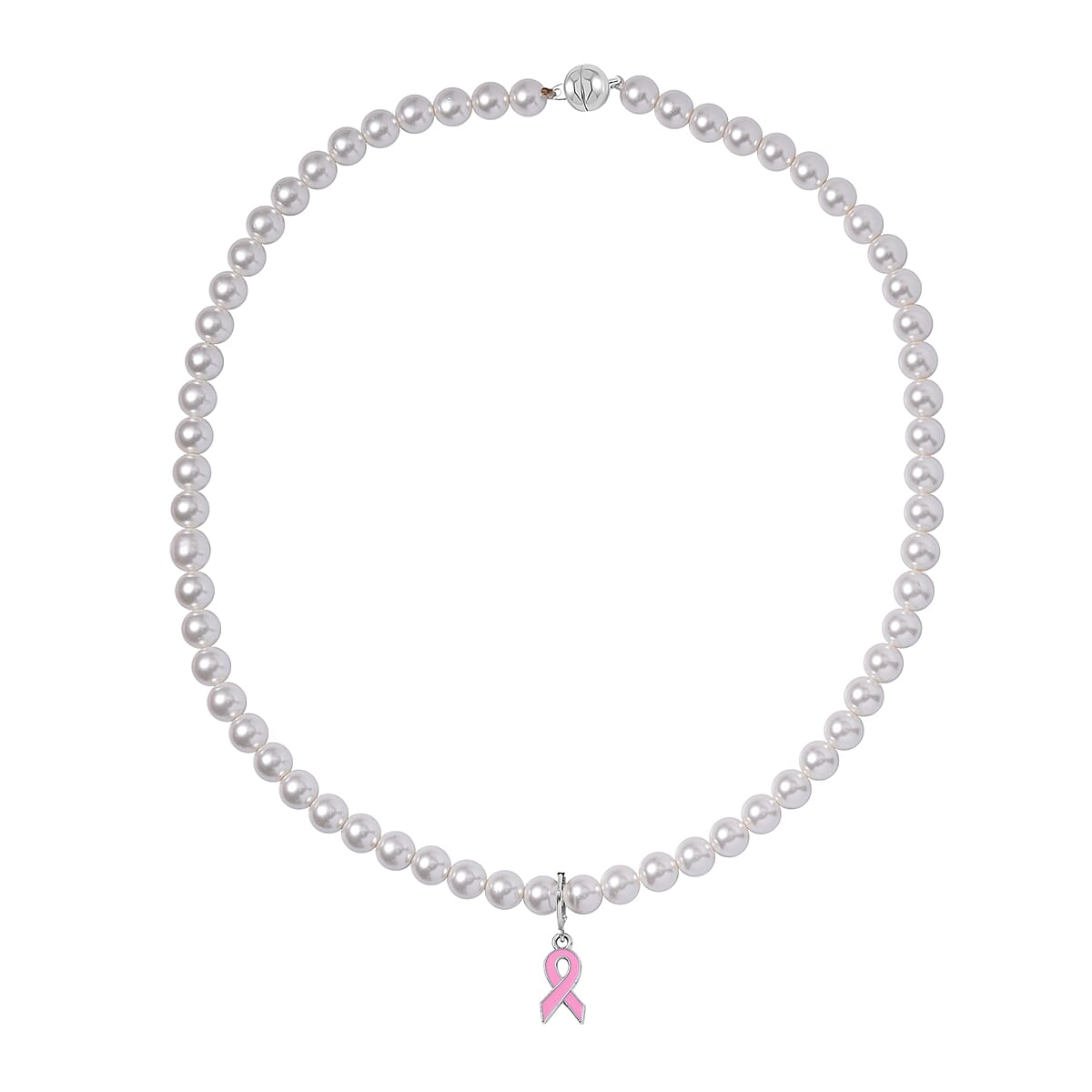 Pink Enameled Pendant with White Shell Pearl Necklace 20 Inches in Silvertone 210.00 ctw image number 2