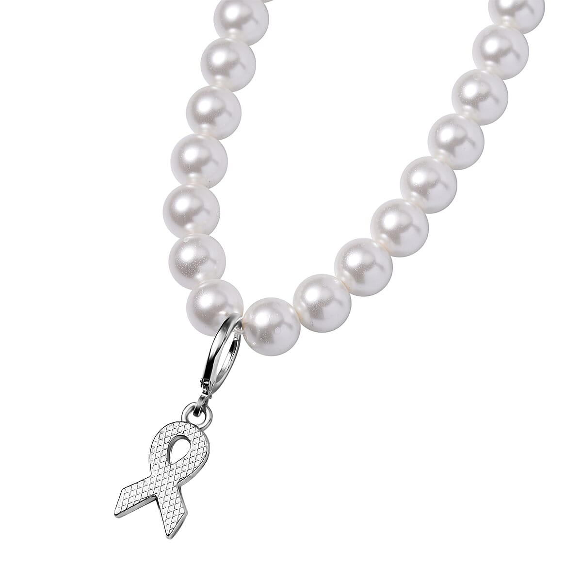 Pink Enameled Pendant with White Shell Pearl Necklace 20 Inches in Silvertone 210.00 ctw image number 3