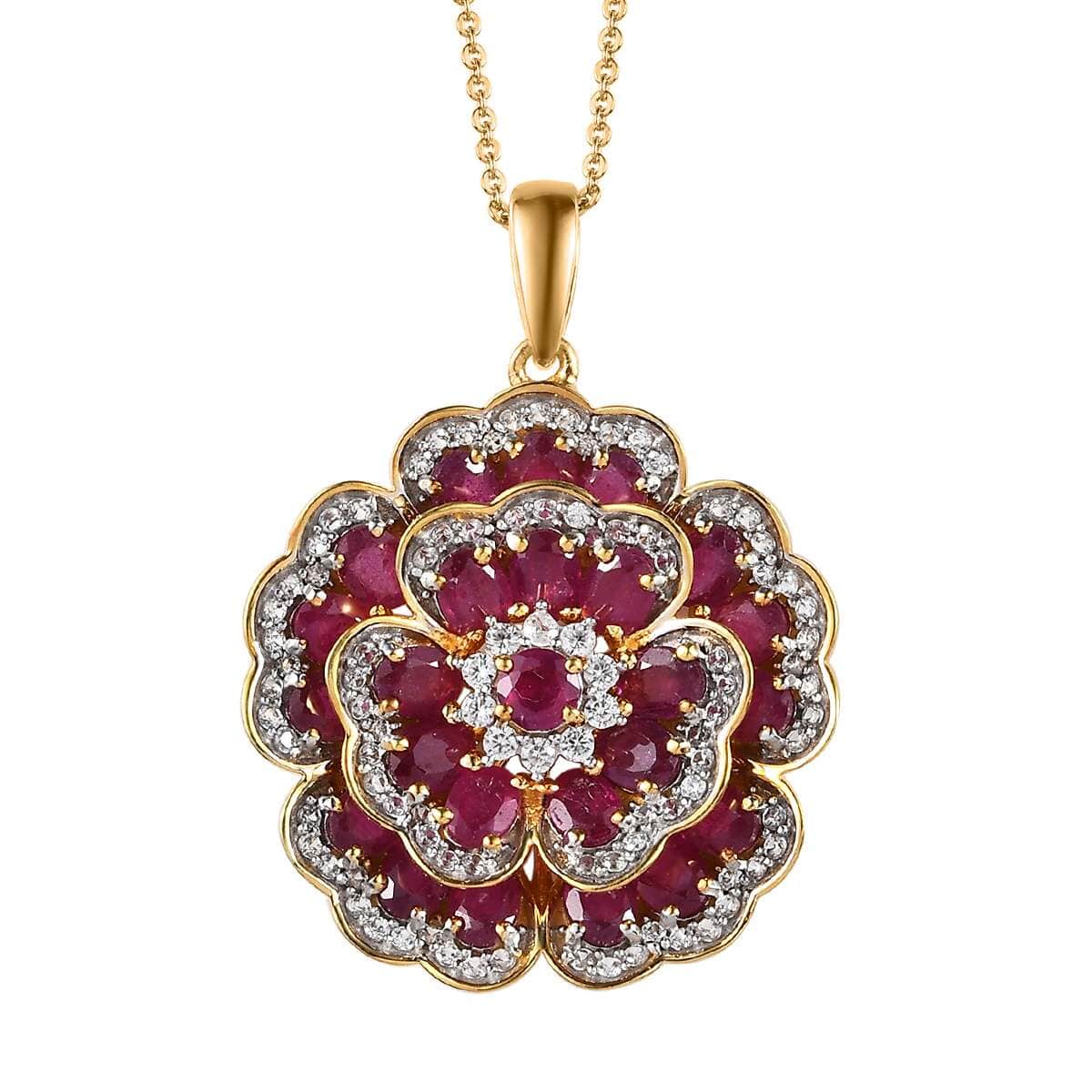 GP Italian Garden Collection Niassa Ruby (FF) and White Zircon Floral Pendant Necklace 20 Inches in Vermeil Yellow Gold Over Sterling Silver 6.80 ctw image number 0